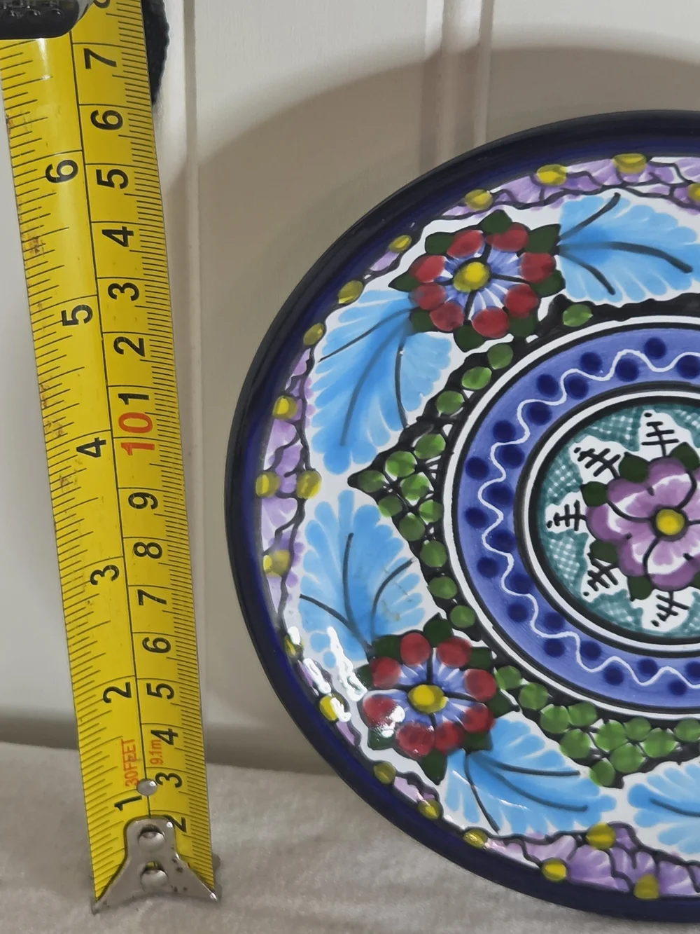 Hand-Painted Floral Ceramic Wall Art Puebla 2007 Mexican - Blue & Multicolor